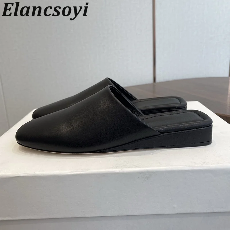 New Mules Women Round Toe Genuine Leather Solid Color Half Slipper Spring Autumn Closed Toe Versatile Wedge Heel Slippers
