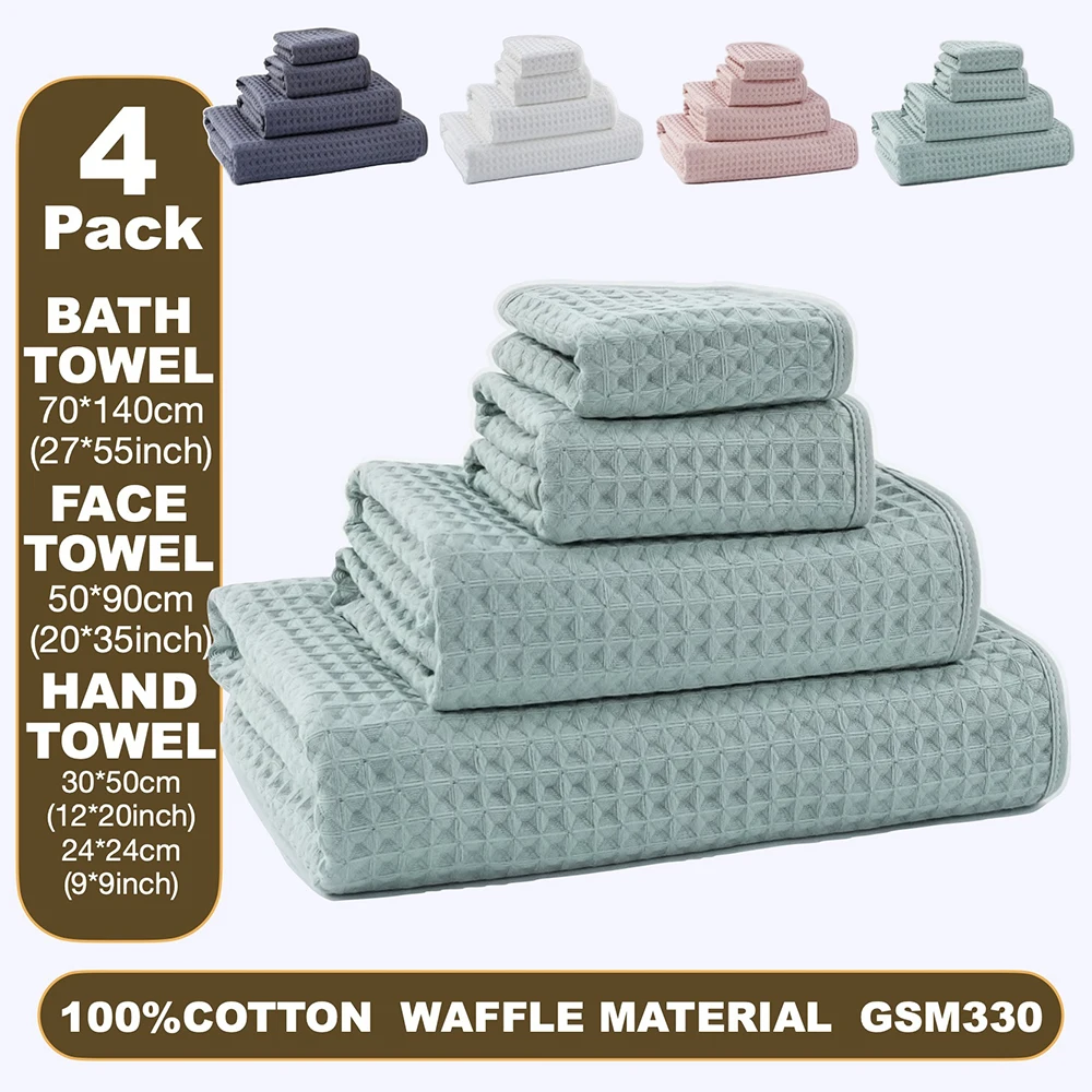 

Premium Waffle Weave 100% Cotton 4Pcs Towel Set for Hotel Home -Super Absorbent & Breathable - Face/Hand/Bath Towel & Washcloth