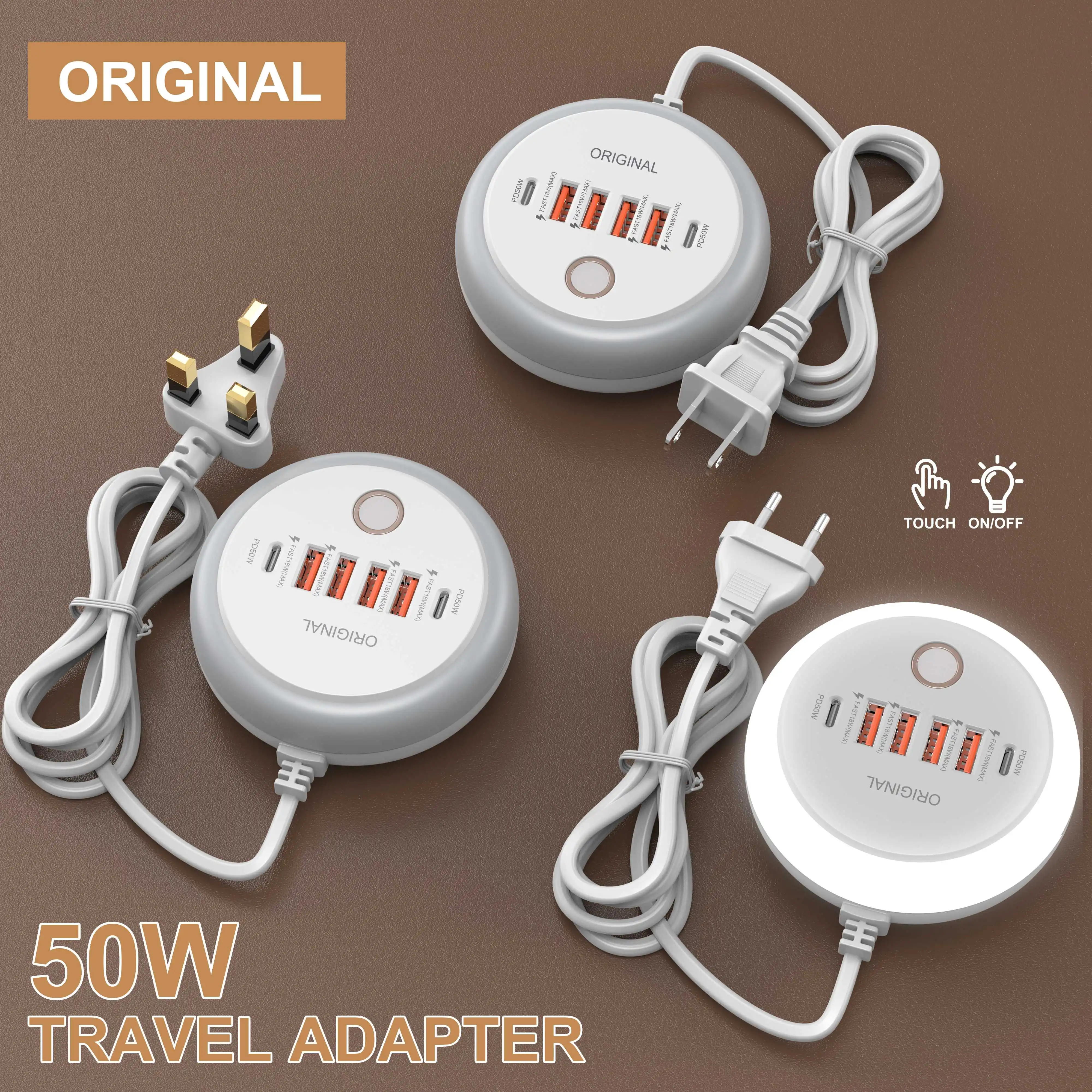 

Creative Round 50W PD Charger 6 Ports USB Type C Phone Charger Adapter With Touch LED Light For iPhone 16 Samsung Xiaomi Huawei