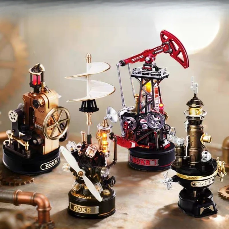 DIY Industriestadt-Ölpumpenmaschinen-Modellbausatz, Ölförderanlagen-Modell mit Beleuchtung, Desktop-Deko, bewegliches Modell, Geburtstagsgeschenk