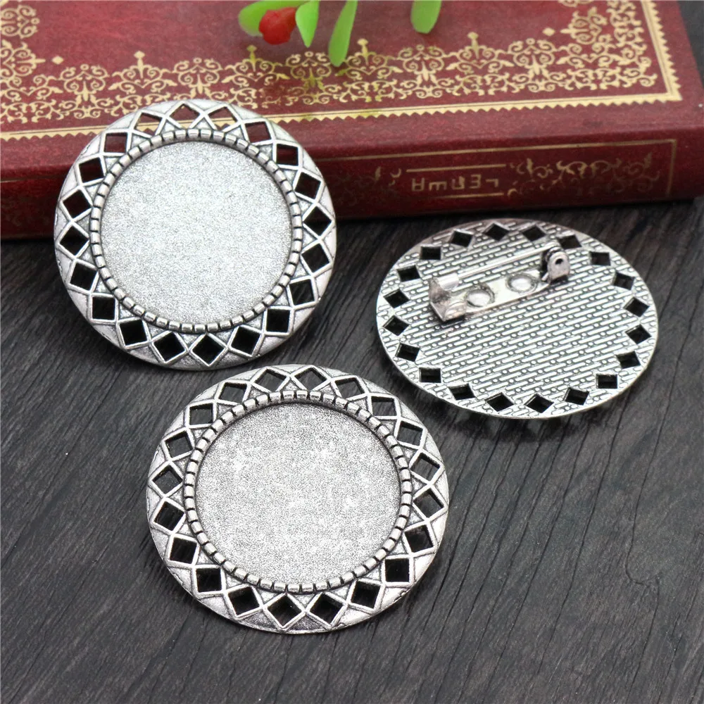 New Fashion 5pcs 25mm Inner Size Antique Silver Plated Bronze Brooch Pierced Style Cabochon Base Setting
