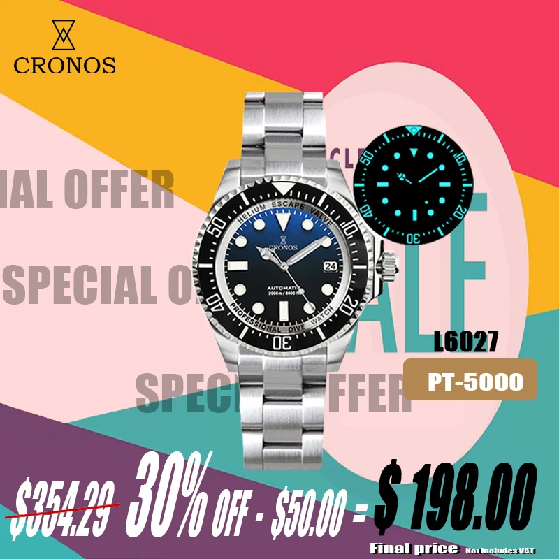 Cronos Automatic Diving Watch Stainless Steel 2000 Meters Water Resistance Professional Diver PT5000 SW200 L6027M