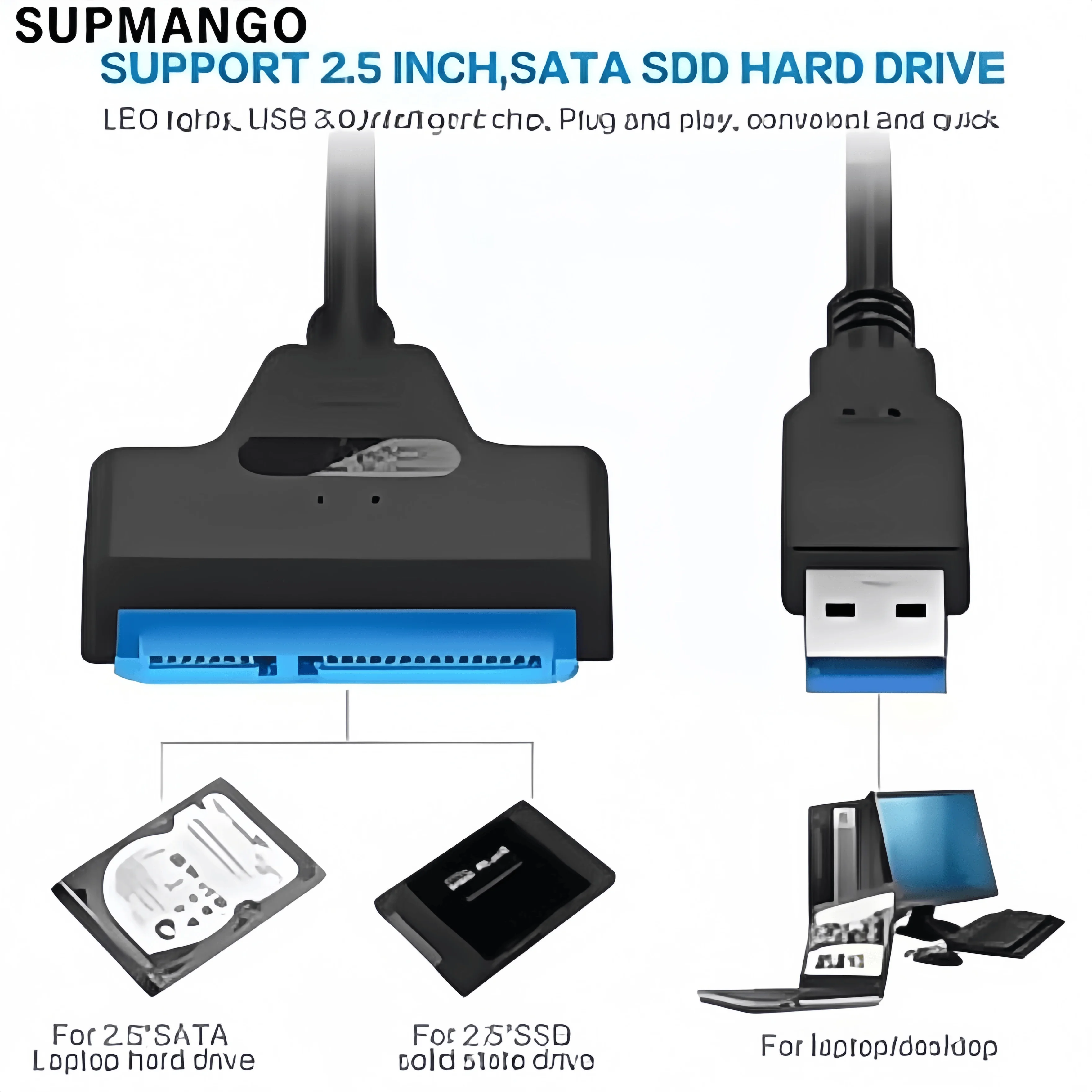 USB 3.0 to SATA Adapter Cable for 2.5'' HDD/SSD – 6Gbps High-Speed Data Transfer – SATA III (22-Pin) Hard Drive Converter