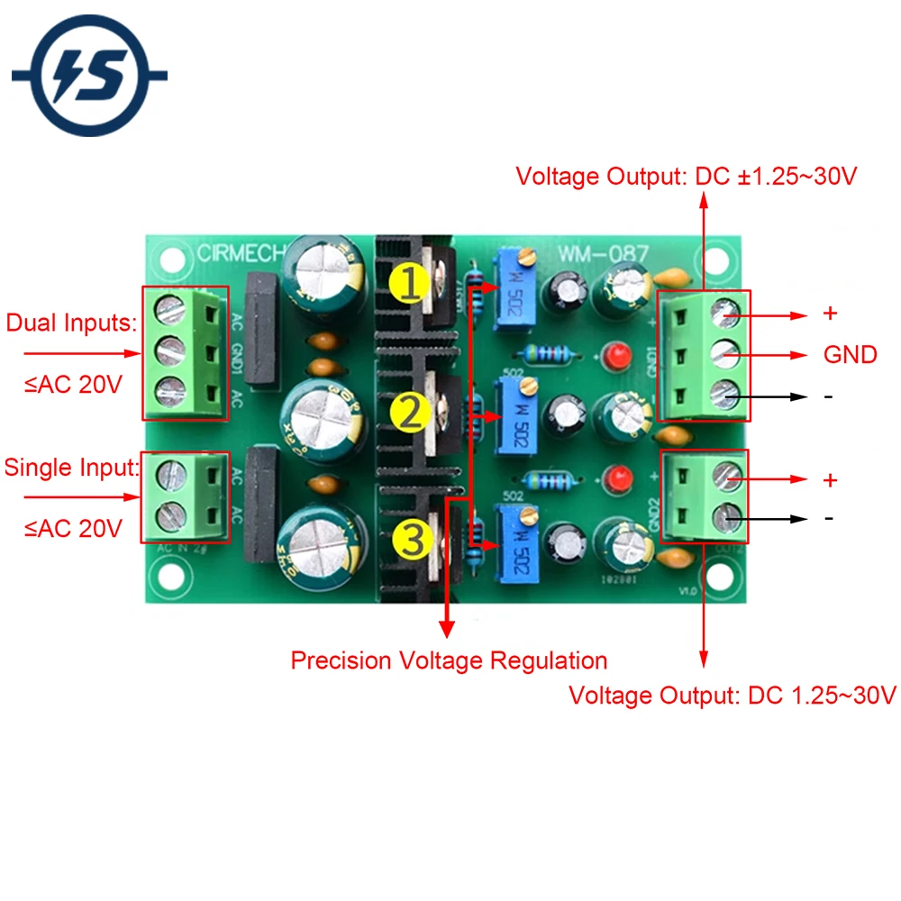 Adjustable Step Down Power Supply Module Buck Voltage Converter LM317 LM337 AC20V to +/-1.25V-20V Voltage Stabilizer Power Board