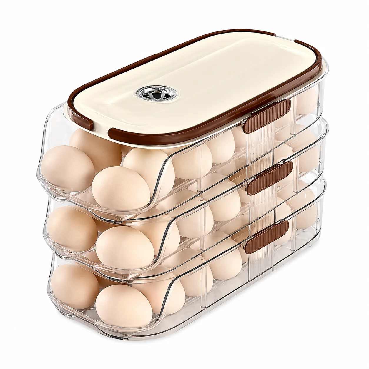 Tier Egg Holder for Refrigerator with Lid, Stackable 2-Row Egg Storage Container, Clear Fridge Organizer Box with Pull Handles