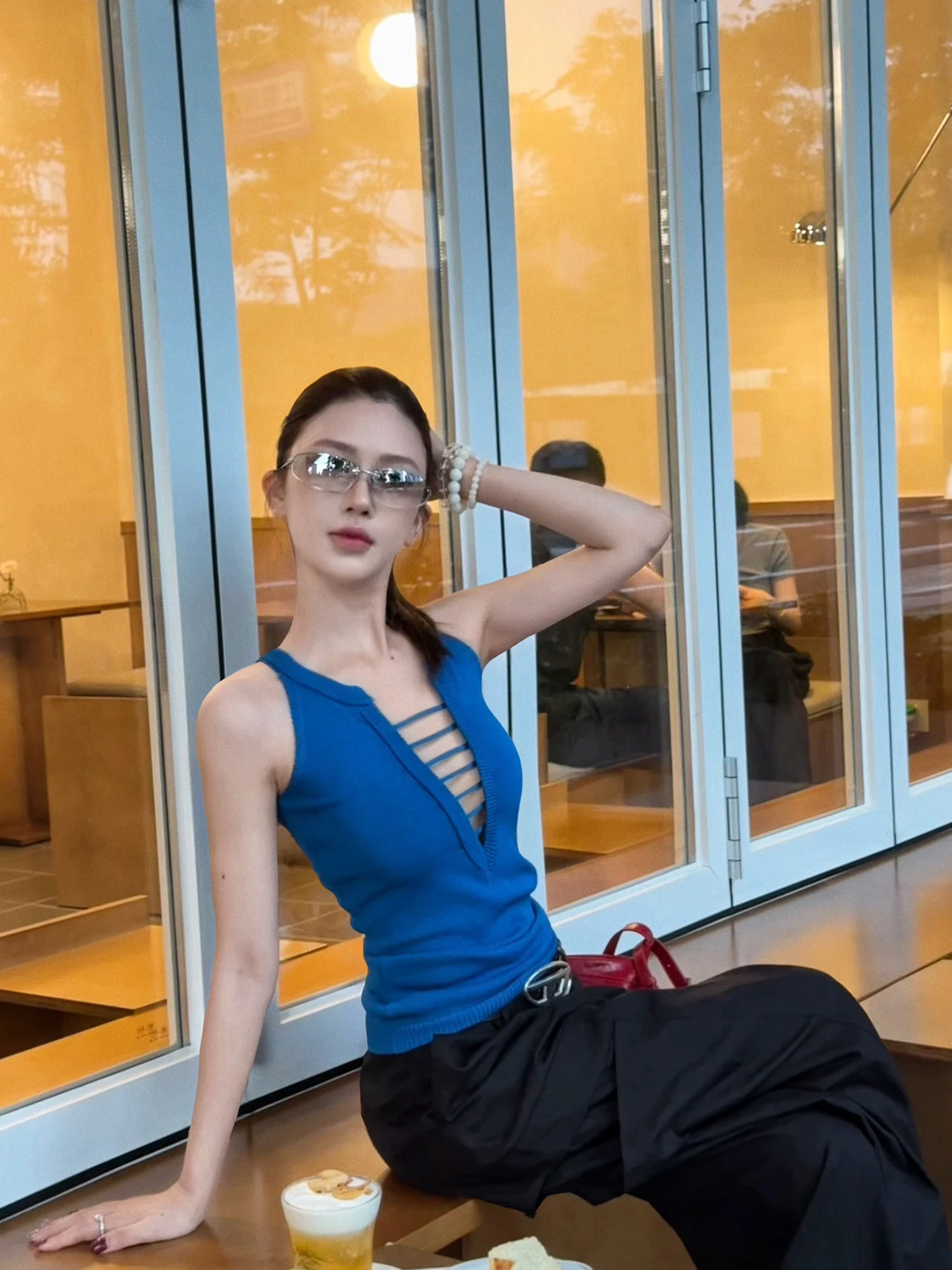 

Blue V-Ne Crop Top Retro Design Sensation Spicy Girl Summer New Arrival Women's Vest Faionable Trendy Sle