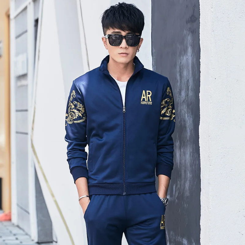 

Spring Autumn Men's Casual Sports Suit Large Size 6XL Embroidery Stand Collar Baseball Jacket Straight Leg Pants Two-piece Set