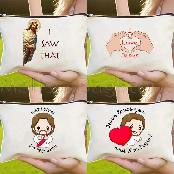 

Холщовая косметичка с милым рисунком Иисуса Love You, губная помада, косметички для девочек, школьный пенал, сумка для туалета, хлопковая милая сумка для хранения