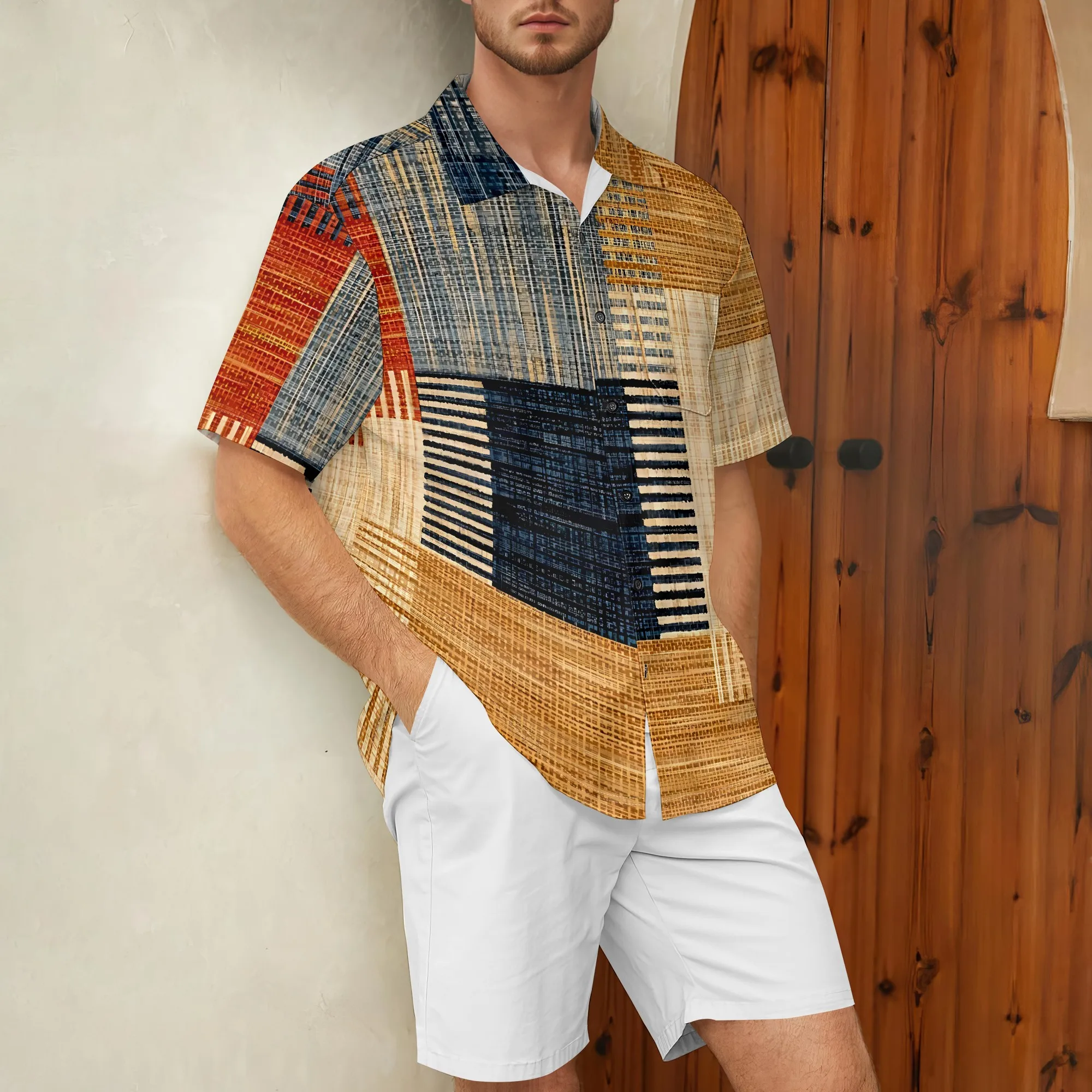 YEAE Vintage Woven Patchwork Print Shirt for Men Summer Casual Short Sleeve Top