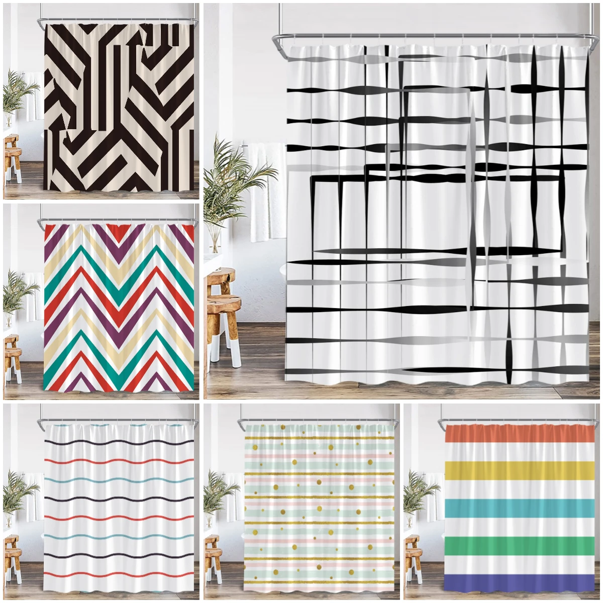 Geometric Stripes Shower Curtain Abstract Wavy Line Spots Art Aesthetic Bathroom Decorations Modern Bath Curtain with Hooks