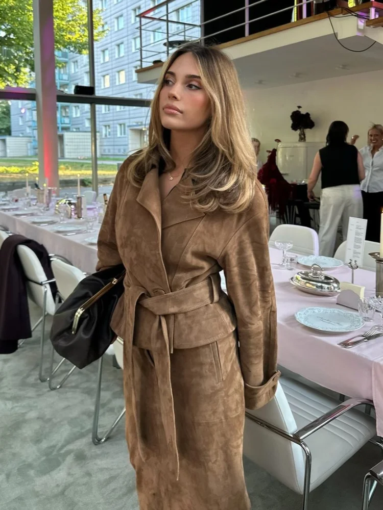 

Women Autumn Brown Short Suede Jacket With Belt Elegant Lapel Long Sleeves Cropped Coat Fashion Female High Street Outwears