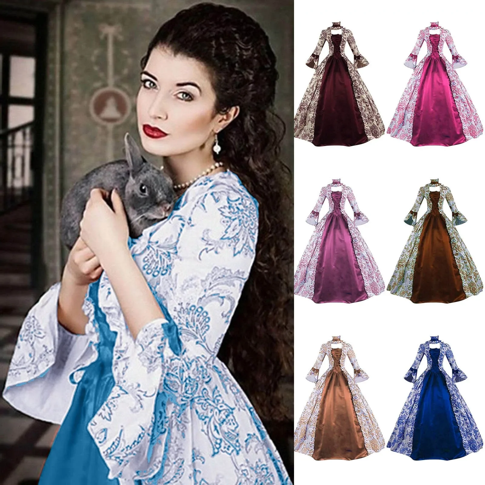 

Women Medieval Corset Dress Ruffles Bow Vintage Flare Sleeve Victorian Party Formal Gown Renaissance Gothic Floral Robe