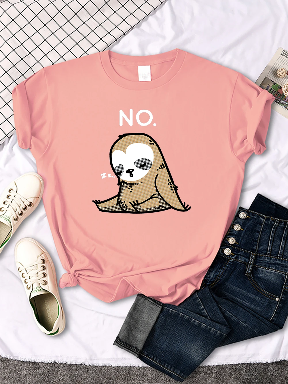 A Cute Animal Sleeping Printing T Shirt Female Street Comfortable T-Shirt Soft Casual Clothes Breathable Oversize Short Sleeve