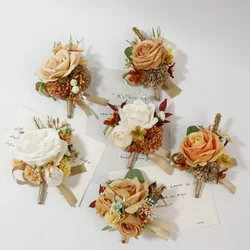 Boutonniere naranja quemado Vintage para boda, alfileres de novia, ramillete de rosa de seda falsa, pulsera de ceremonia, accesorios de flores, matrimonio