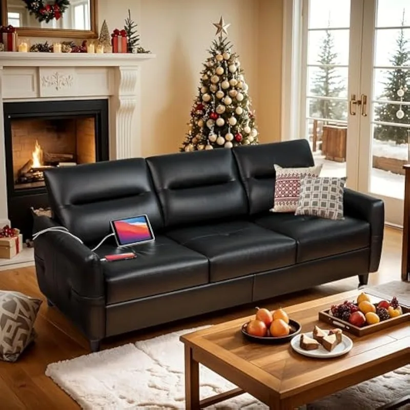

Faux Leather Sofa Black Leather Couch with USB, Mid Century Modern 3 Seater Couches Sofas Living Room, Apartment Couch