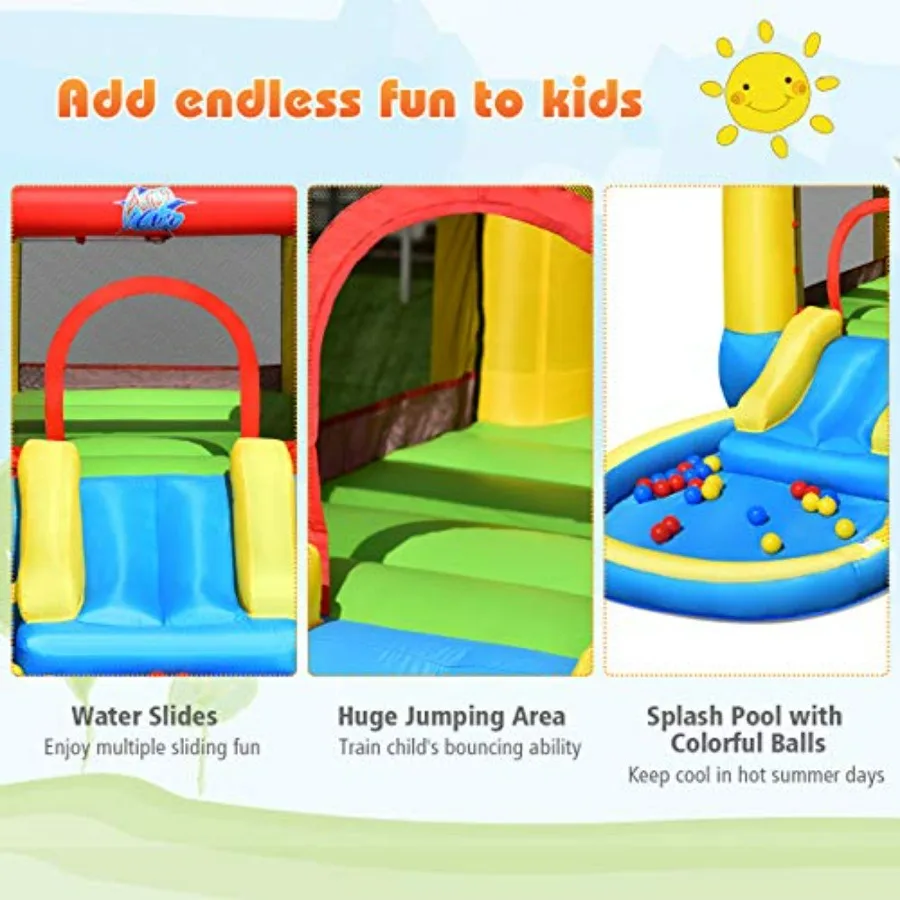 Outdoor backyard inflatable bounce house for kids aged 3-5: PVC material, blue and yellow, includes water slide, jumping area, view 4