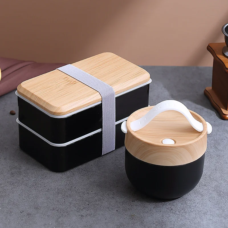 

New Double Layered Japanese Wood Grain Lunch Box Microwave Oven Sealed Leak Proof Bento Box Tableware for Office Workers Gifts