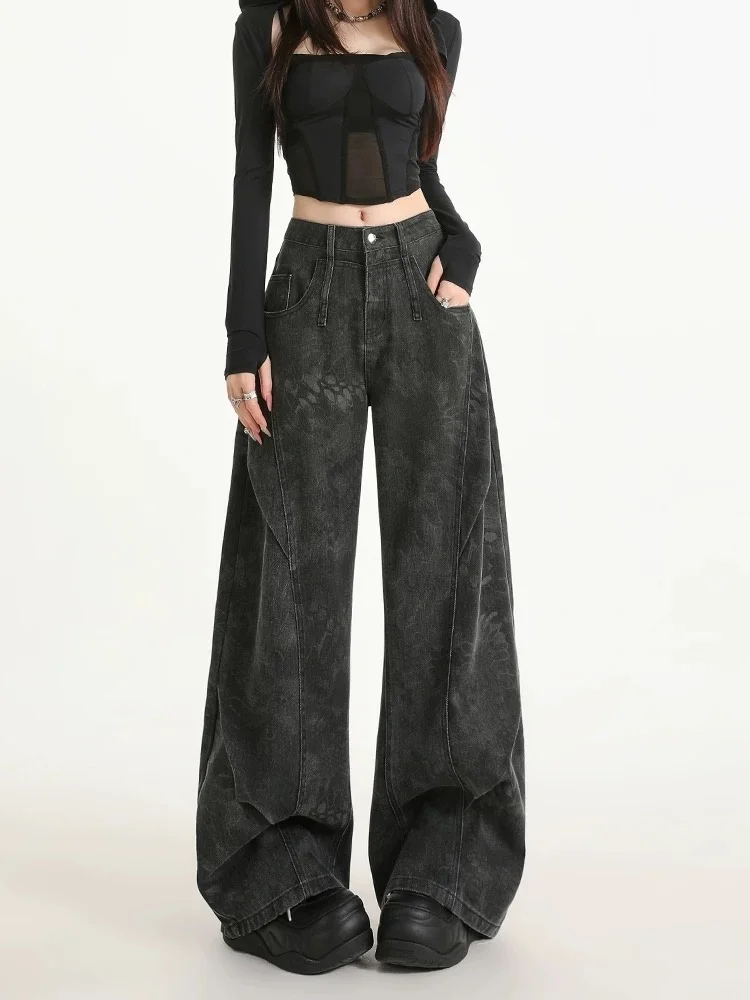 

2025 American Retro Y2K Style Black Tie Dye Printed Baggy Women's Jeans Pants Streetwear Woman Clothing Straight Long Trousers