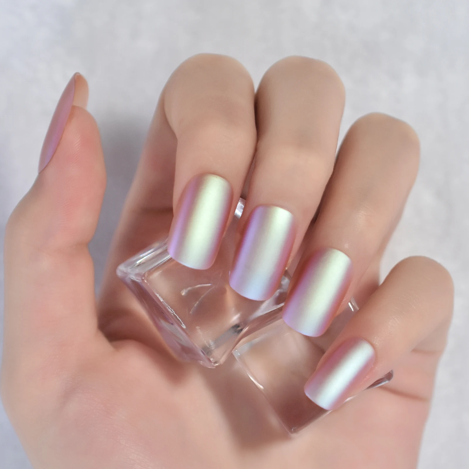 DIY Manicure Light Pink Purple Chrome Press on False Nails Medium Squoval Salon Reusable Fake Acrylic Nail Art Tips