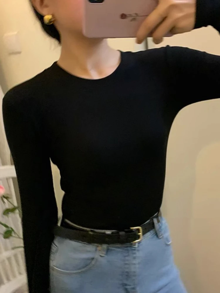 American Style round Neck Knitted Base Shirt Women's Autumn Winter Slim Fit Inner Wear T-Shirt Pure Color Sweat Absorbent
