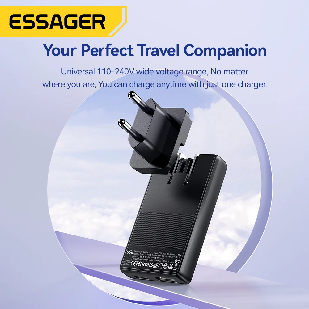Essager 65W GaN Charger Ultra Thin Quick Charge 4.0 PD3.0 PPS Portable USB Type C Charger For Macbook Laptop iPhone 16 15 14 13