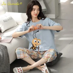 SUKAE Lovely Calf-Length Pants Homewear Cartoon Pyjamas Women Pajama Sets Summer Sleepwear Mujer Nightwear Knitted Cotton Pijama