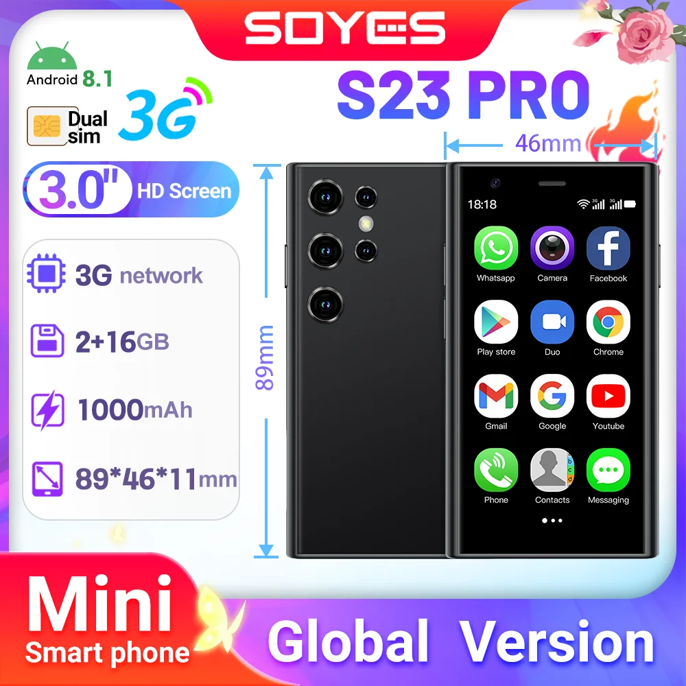 SOYES S23 Pro Ultra-thin Smartphone 2GB RAM 16GB ROM Android8.1 Dual SIM Standby 1000mAh 3G Network Compact Mobile Phone