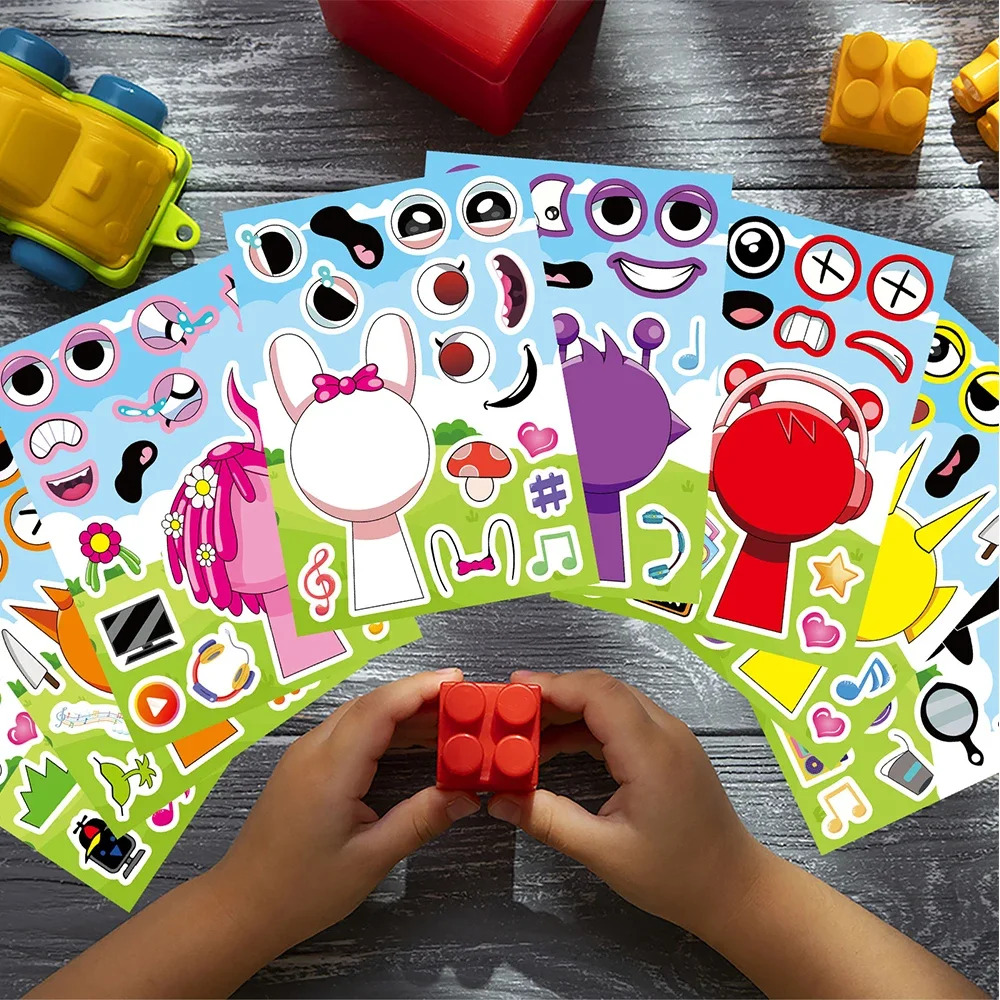 Incredibox Sprunki Cartoon Sticker Puzzle Game 8 16 24 fogli Face Design Assemblare Jigsaw Party Gift