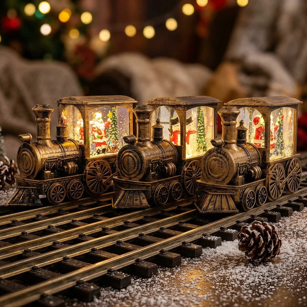 Christmas Small Train Lighted Water Filled Snow Globe Lantern Desktop Figurine Xmas Tree Scene Layout Home Party Decor Prop