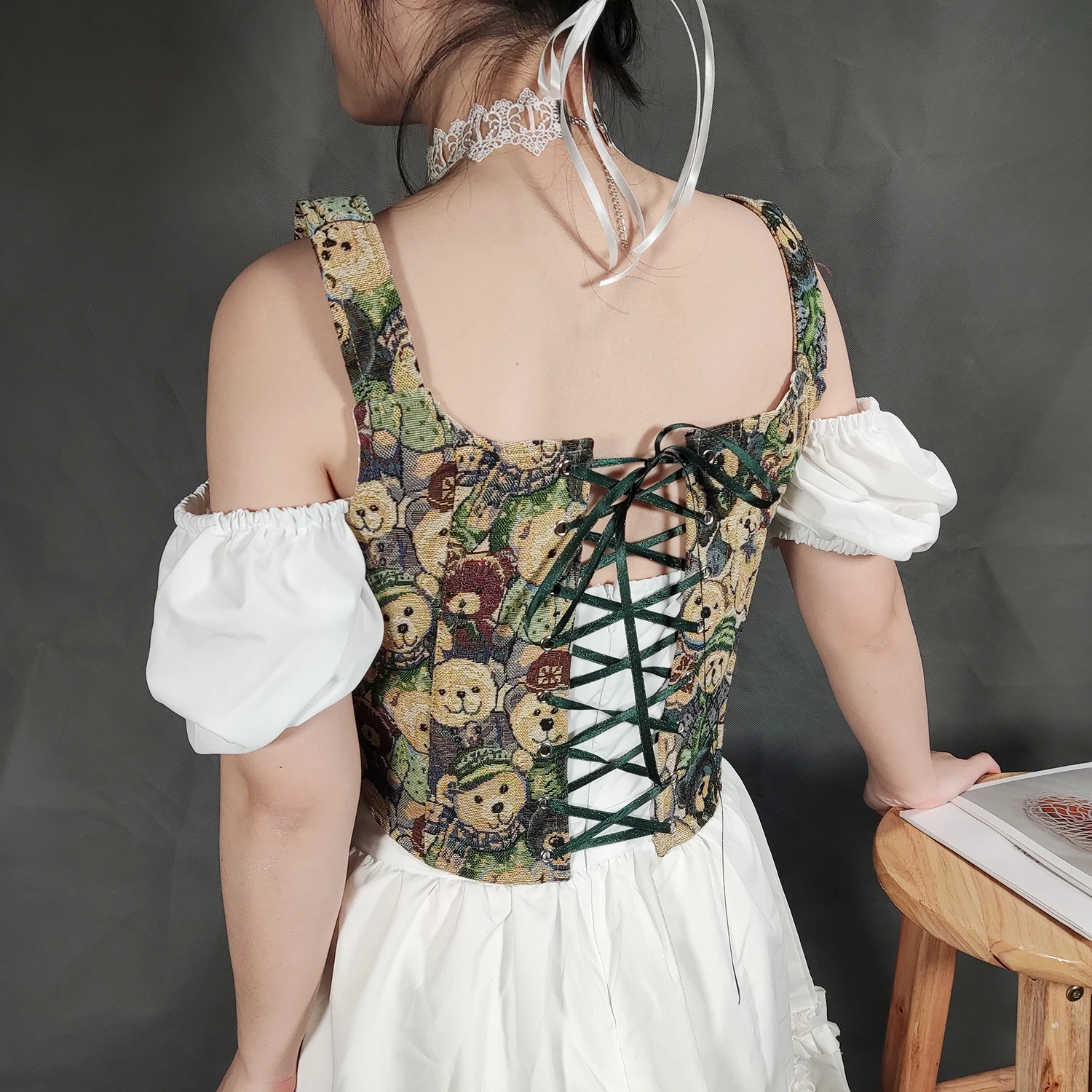 Women Zip Corset Bear Print Style Fashion Embroidery Summer Vintage Lace Up Camisole Women Corset