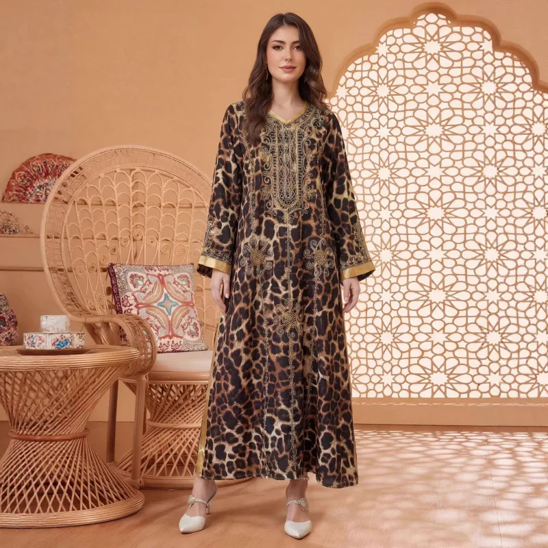 

Платья-абайи для женщин: мусульманское платье с леопардовым принтом, исламские платья, арабские длинные халаты, джалабия, для Рамадана, Марокко, Дубай, абайи, кафтаны