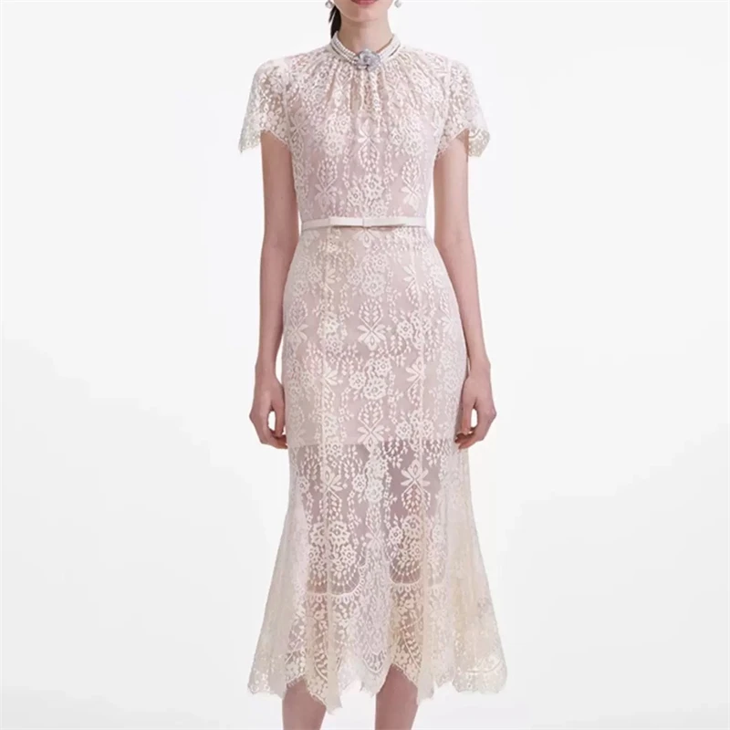 

2023 летнее новое женское платье с круглым вырезом и бисером, кружевное платье с короткими рукавами и цветочным принтом y2k, модное платье с высокой талией и галстуком-бабочкой, рыбий хвост