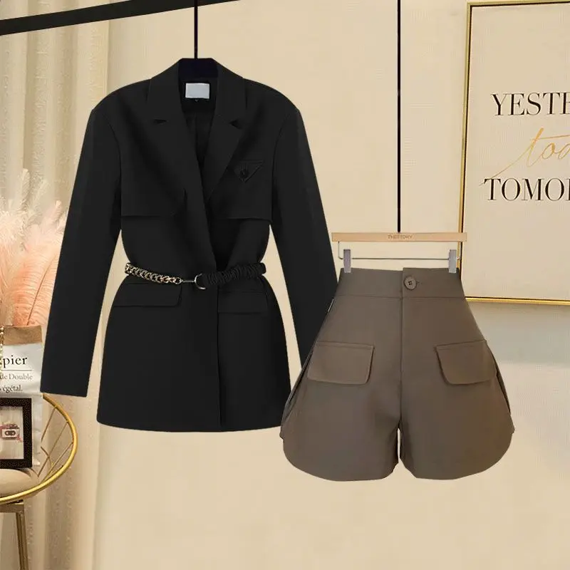 Summer 2023 Women's Clothing Suit Belt Decorative Jacket Blazer Slim Shorts Two-piece Elegant Women's Pants Suit Office Outfits