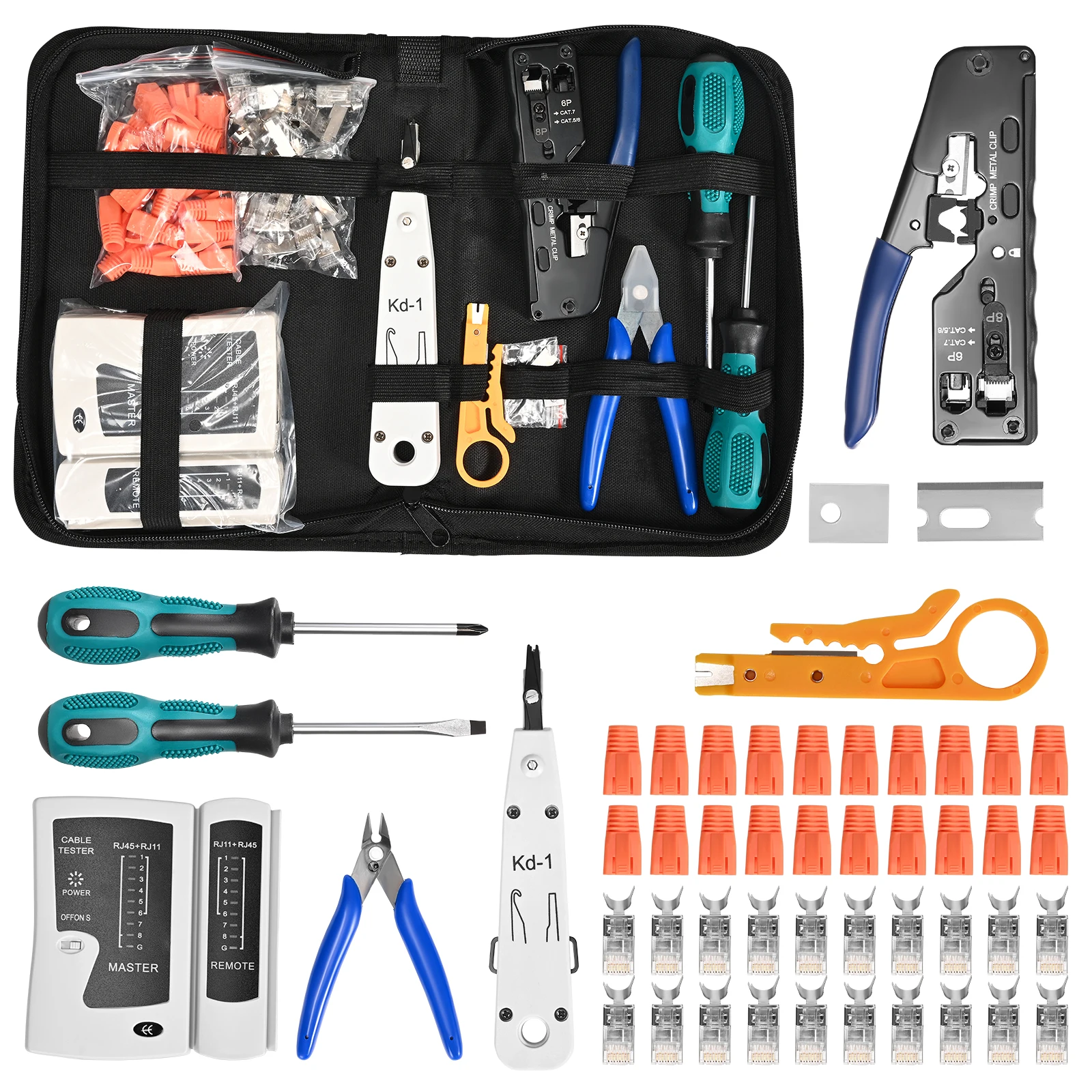 12-in-1 Kabelreparatur-Set RJ45 RJ12 RJ11 Crimpwerkzeug-Kit, Kabeltester, Klingen, Steckverbinder und Kabelmanschetten, Kabelbinder, Schraubendreher