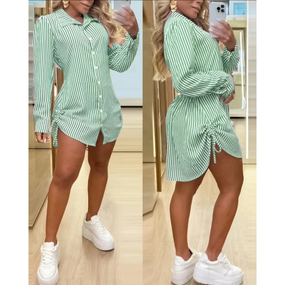 

Women Striped Side Drawstring Buttoned Casual Dress Summer Long Sleeve Turn-down Collar Asymmetric New in Dress Woman Clothes