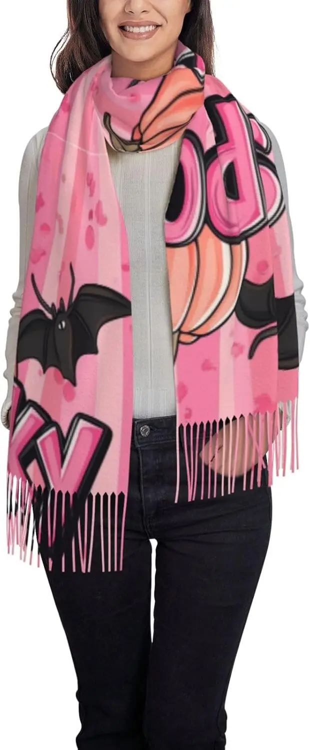 Halloween Winter Soft Scarf Womens Warm Skull Bat Shawls Spider Web Pumpkin Cozy Tassel Scarf