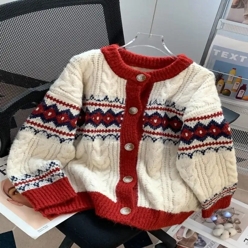 

Retro Jacquard Red Christmas New Year Sweater Coat Spring Autumn Winter 2025 New Loose Lazy Style Knit Cardigan for Women Design