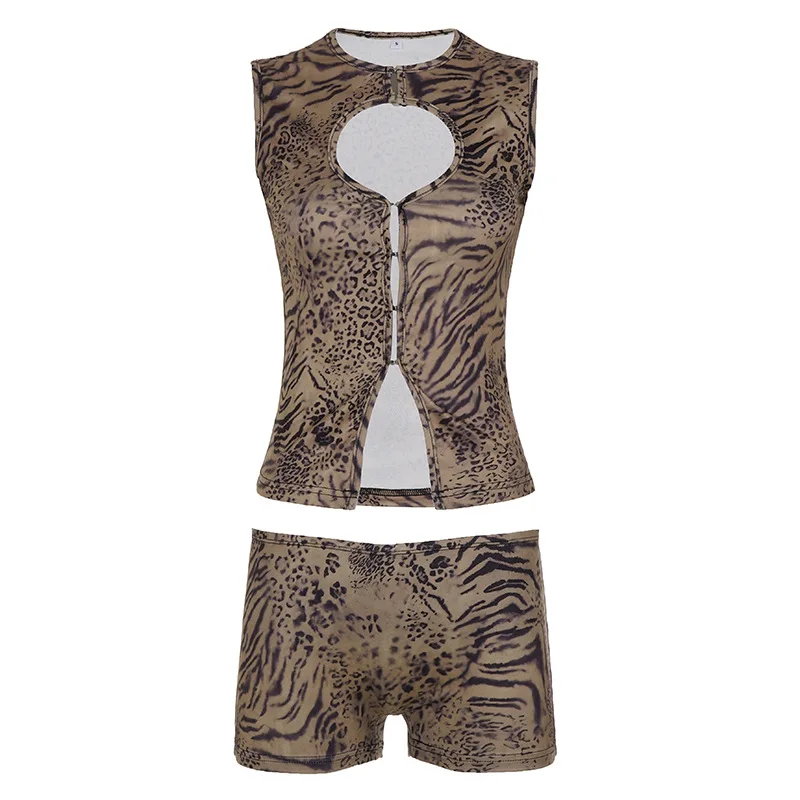 Summer new sexy leopard print hook hollow out vest+shorts two-piece set