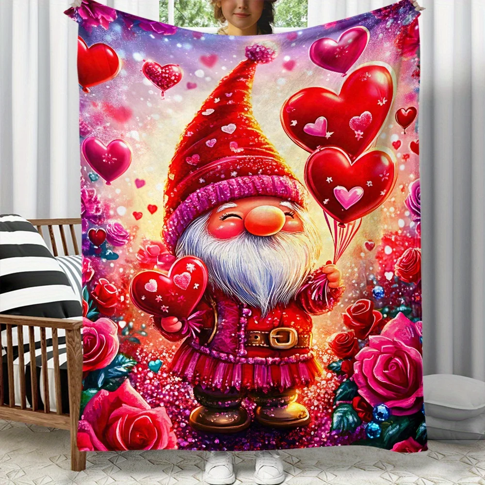 Love gnome holding heart balloons flannel blanket romantic Valentine's Day design red roses fairy tale style cozy throw