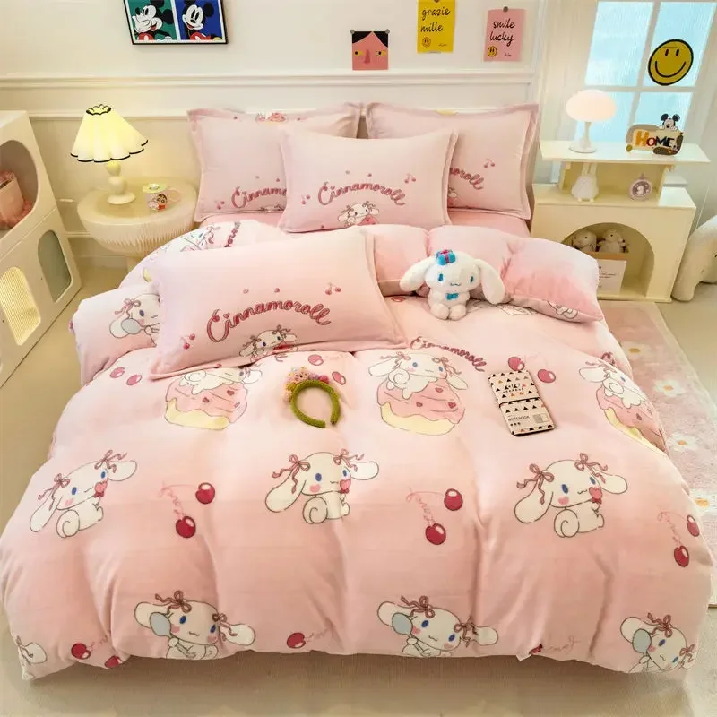 Sanrio My Melody Cinnamoroll Anime Kawaii Milk Velvet Student Bed Sheet 3 4-piece Set Cute Kuromi Quilt Cover Kuromi Gifts Toys