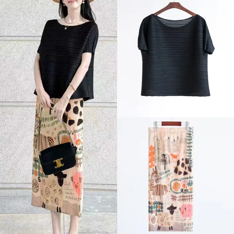 Miyake Tailleur pantalone a pieghe 2025 Plisse Fold sofisticato Top a maniche corte Gonna stampata Estate da donna Dimagrante Set versatile