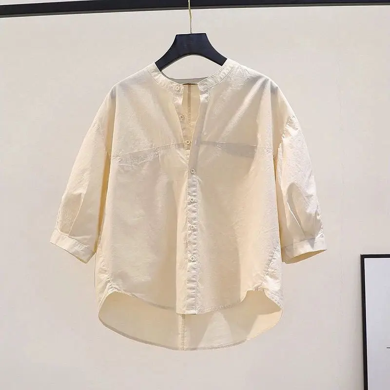 

Women's Pure Cotton ort Sve irt Loose Fit Summer New Design Korean Sle Commute Thinming Versatile Top Trendy Outerwear