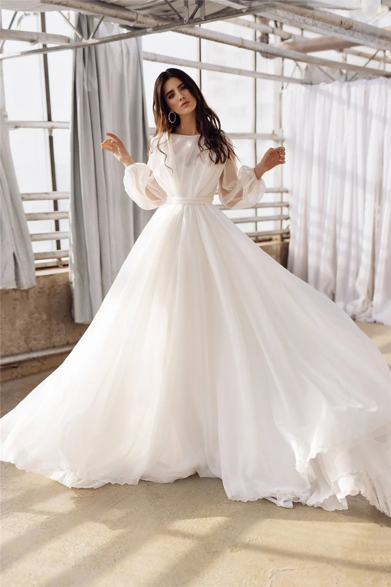 

ANGELSBRIDEP Elegant Beach Boho Backless A-Line Wedding Dresses Puff Long Sleeve Chiffon Bride Gown For Women Robes De Mariée