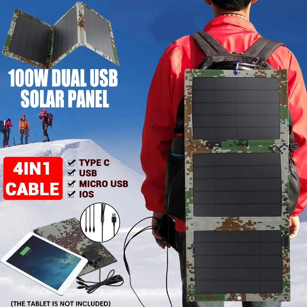 

Foldable 5V 100W Dual USB Solar Panel Outdoor Waterproof Solar Panel Charger Mobile Power Battery Charger With 4 in 1 Cable