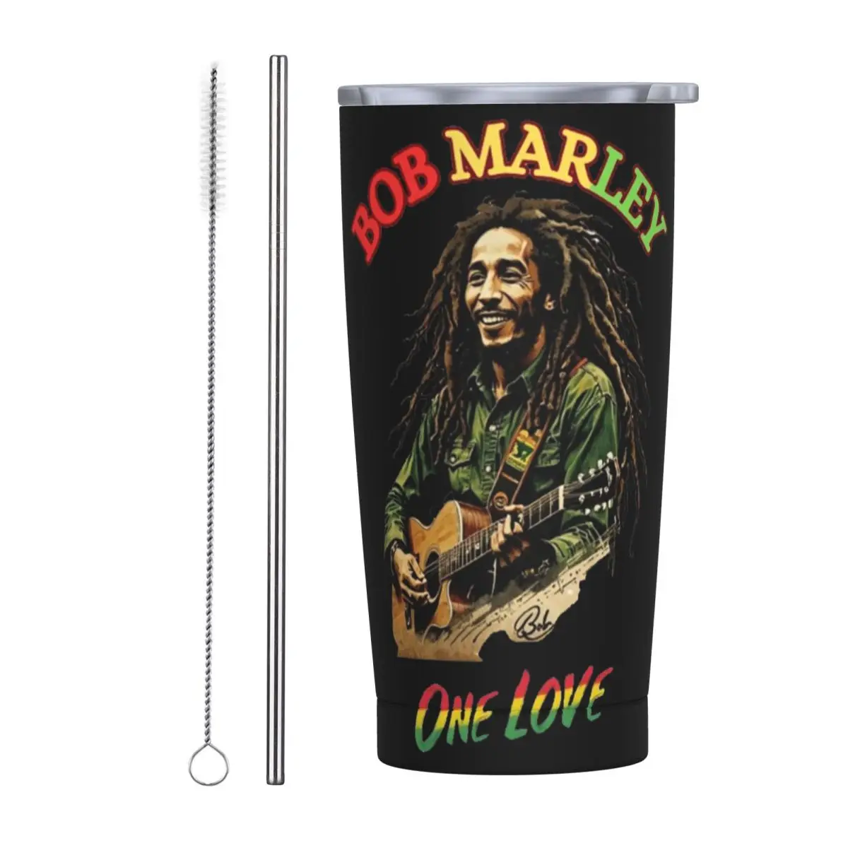 Bob Marley Reggae Stainless Steel Tumbler Vacuum Insulated Mugs Thermal Cold Bottle Straws With Lid 20oz