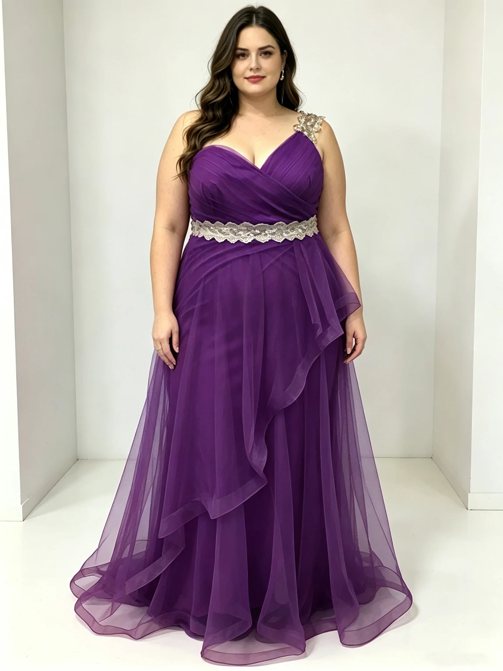 Women Plus Size One Shoulder Tulle Evening Dress Applique Sequin Waist Formal Ruffle A Line Maxi Wedding Guest Prom Party Dress