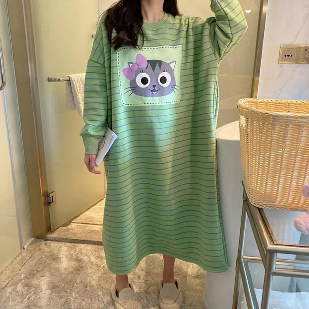 Women Dress Long Sleeve Breathable Loose O Neck Nightdress Warm Knee Length Pajamas for Winter Sleepwear