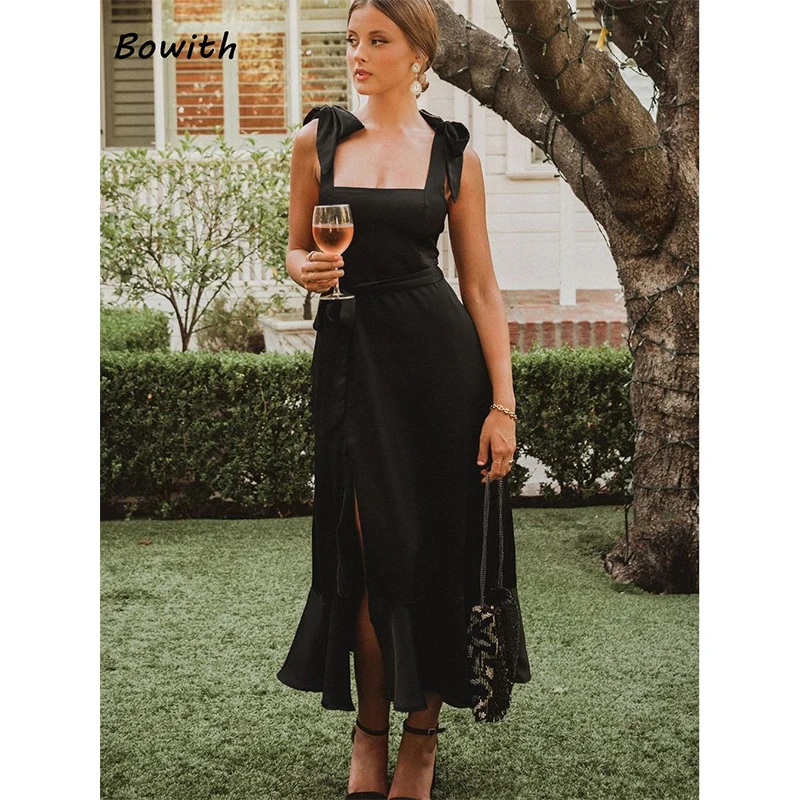 

Bowith Evening dress Wedding Party Dress Elegant Formal Bridesmaid Dresses Shoulder Bow Split Sleeveless For Women Prom Gown