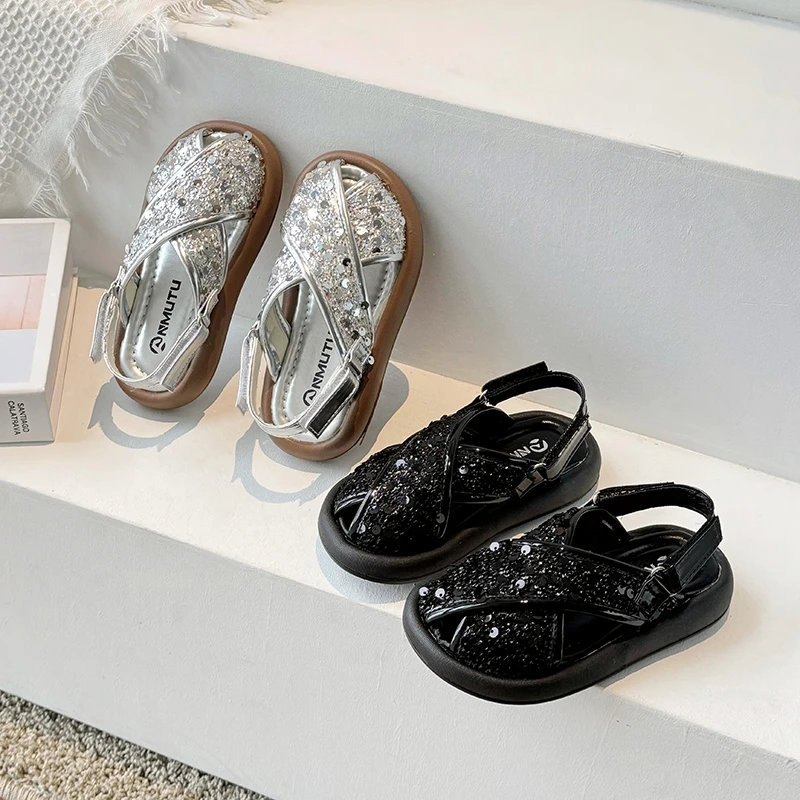 

Children Cross Sandals Girls Sequin Peep Toe Sandals Summer Fashion Kids Princess Beach Shoes Soft Comfortable Size 23-37