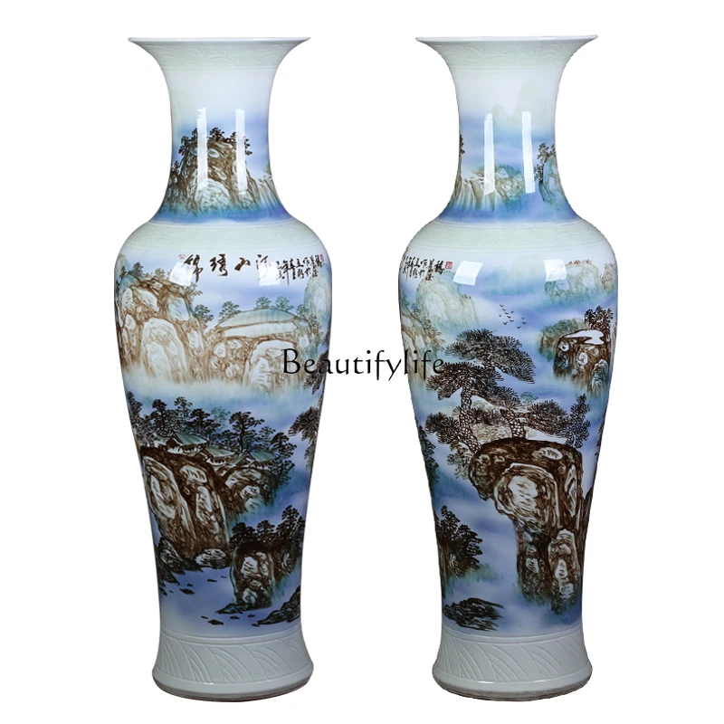 

Jingdezhen Ceramic Vase Hand Painted Blue and White Landscape Floor-Standing Decorations Decoration